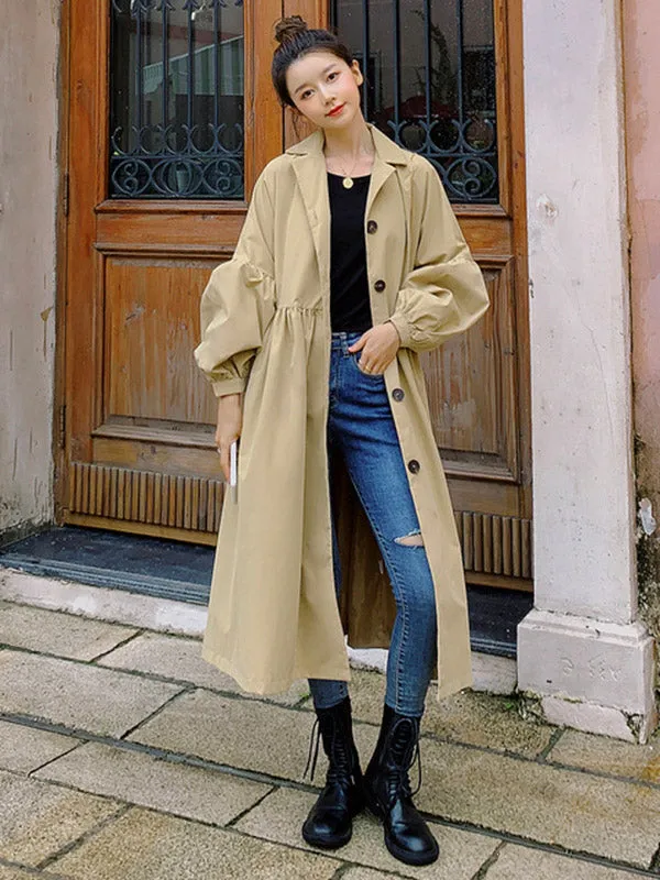 Casual Lose Tied Buttoned High-Waist Notched Collar Long Bishop Sleeves Trench Coat