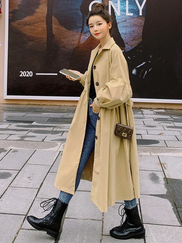 Casual Lose Tied Buttoned High-Waist Notched Collar Long Bishop Sleeves Trench Coat