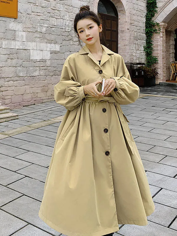 Casual Lose Tied Buttoned High-Waist Notched Collar Long Bishop Sleeves Trench Coat