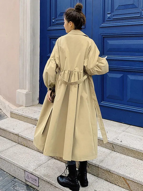 Casual Lose Tied Buttoned High-Waist Notched Collar Long Bishop Sleeves Trench Coat