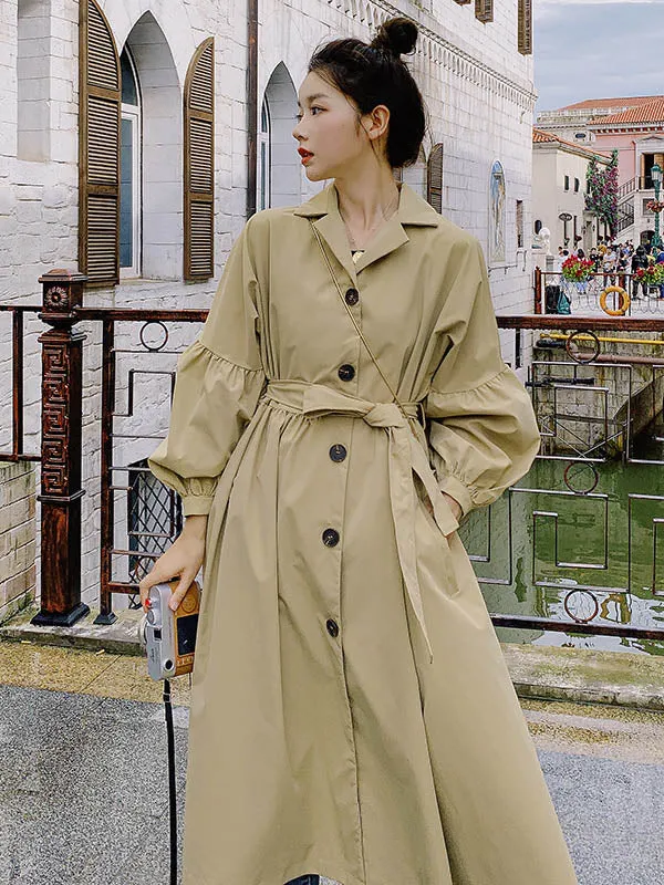 Casual Lose Tied Buttoned High-Waist Notched Collar Long Bishop Sleeves Trench Coat