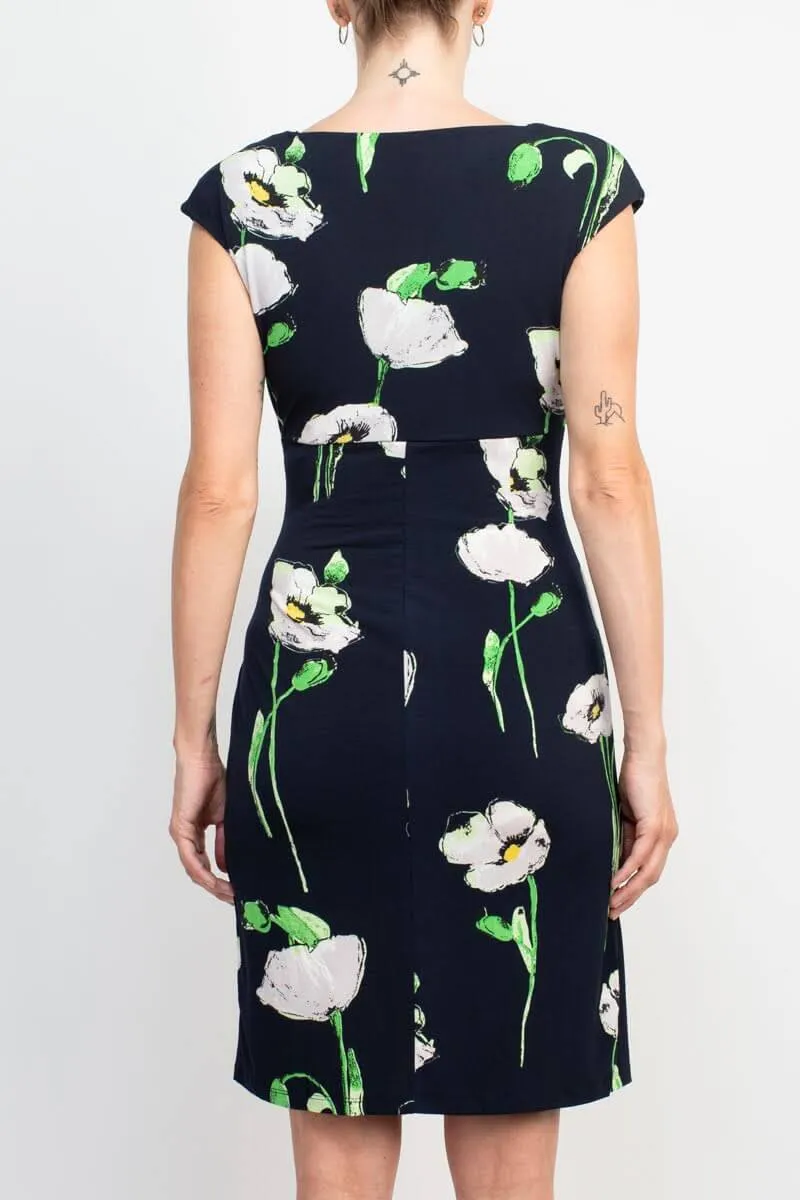 Catherine Malandrino V-Neck Sleeveless Gathered Side Floral Print Jersey Dress