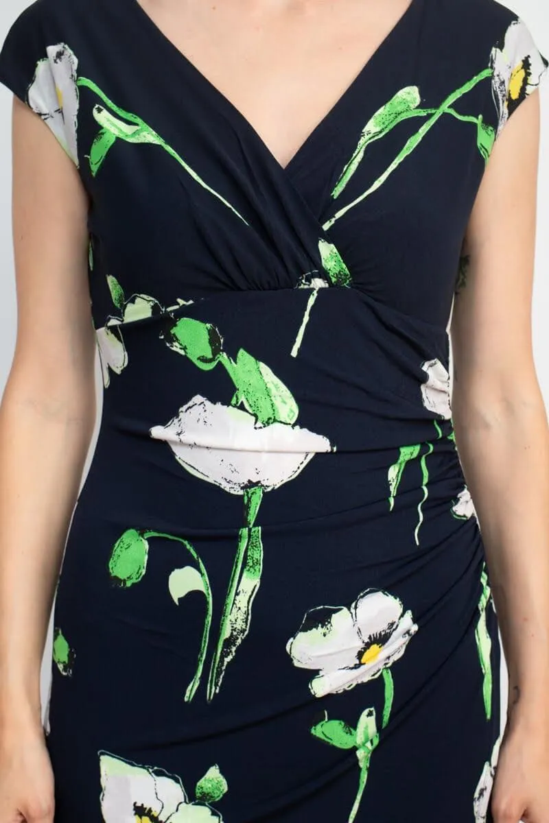 Catherine Malandrino V-Neck Sleeveless Gathered Side Floral Print Jersey Dress