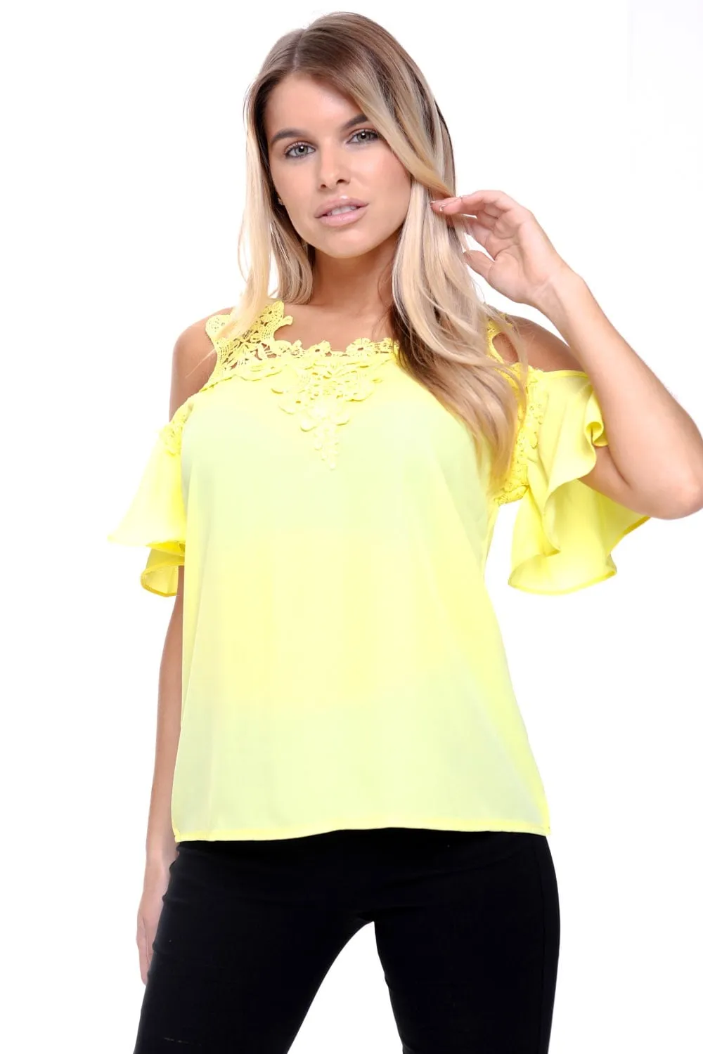 Cold Shoulder Frill Lace Applique Blouse Top