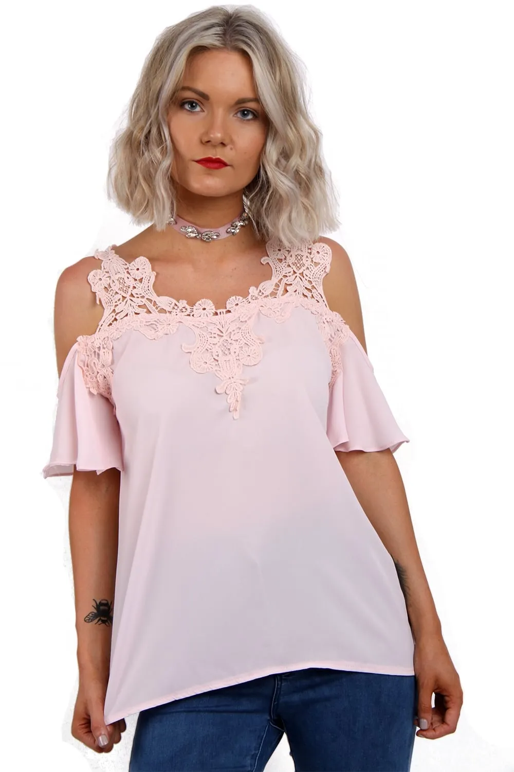 Cold Shoulder Frill Lace Applique Blouse Top