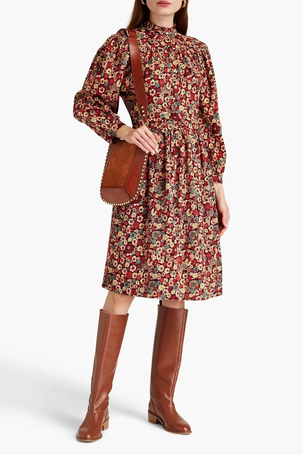 Colline cotton dress with ruffles and floral print ANTIK BATIK, burgundy