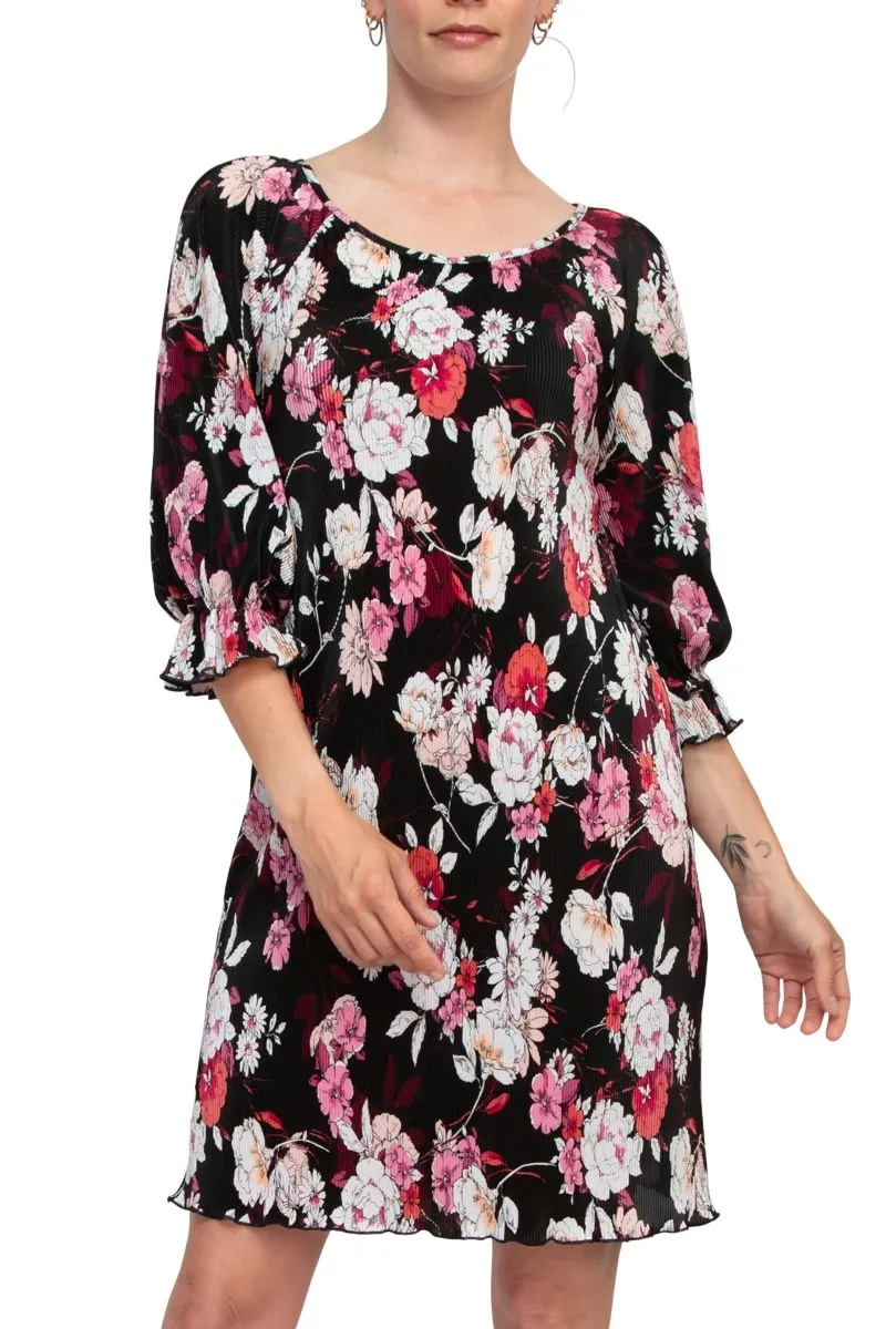 Connected Apparel Scoop Neck 3/4 Elastic Cuff Floral Print Ribbed Chiffon Dress