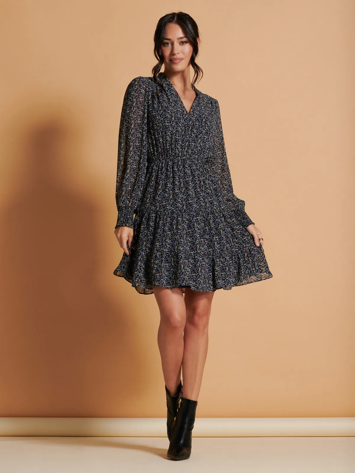 Ditsy Print Chiffon Smock Dress, Navy Multi