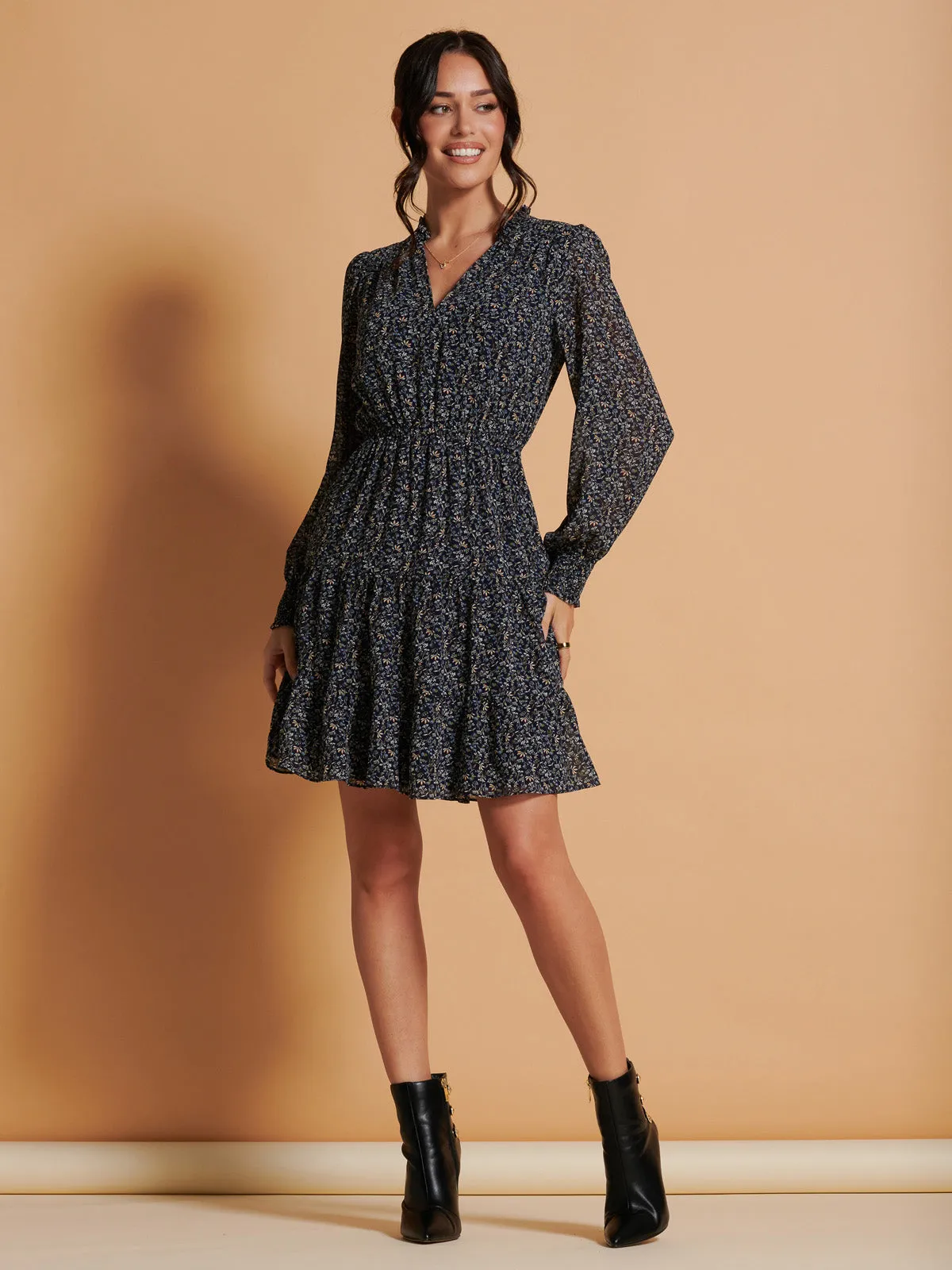 Ditsy Print Chiffon Smock Dress, Navy Multi