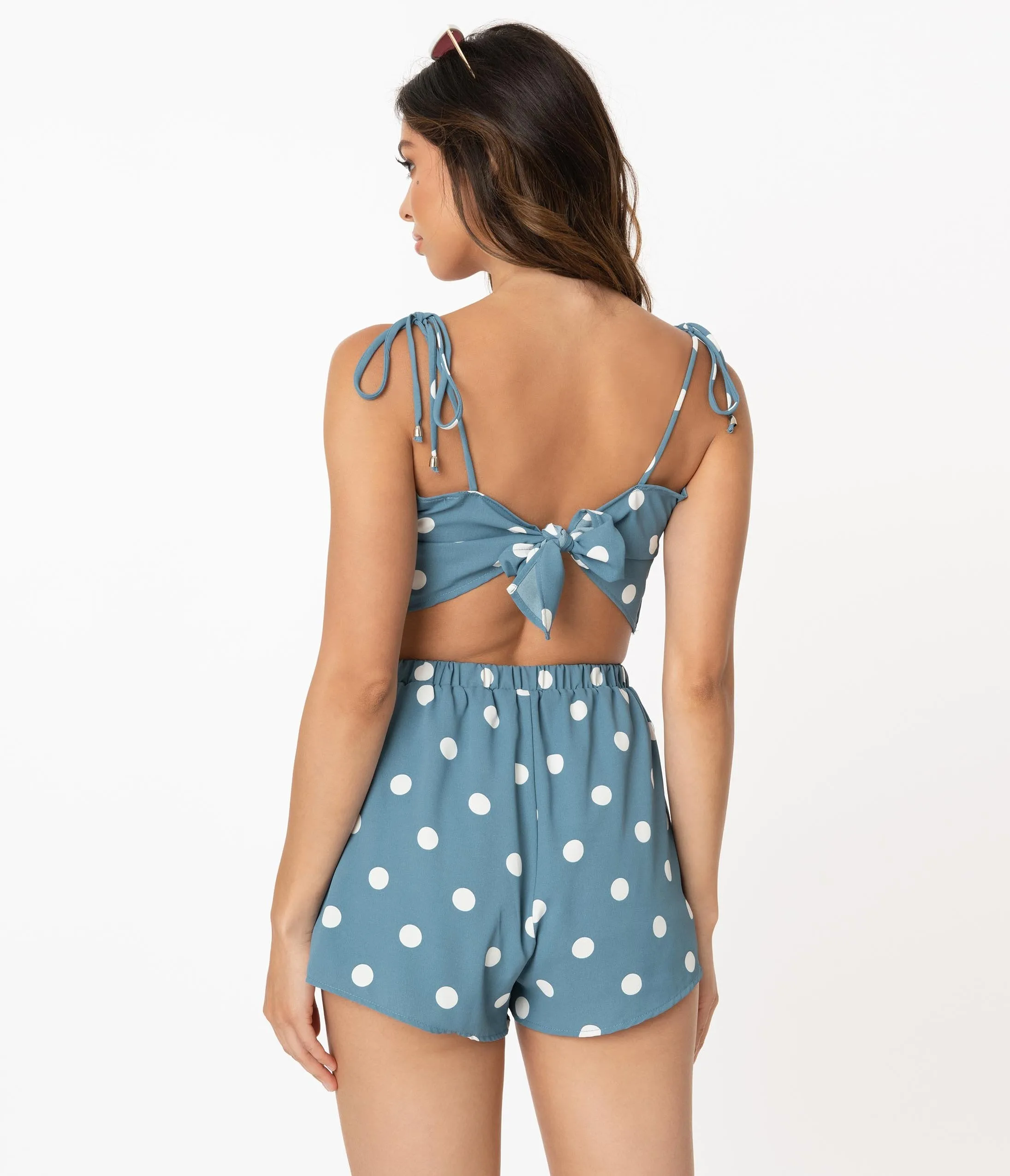 Dusty Blue & White Polka Dot Crop Top & Short Set