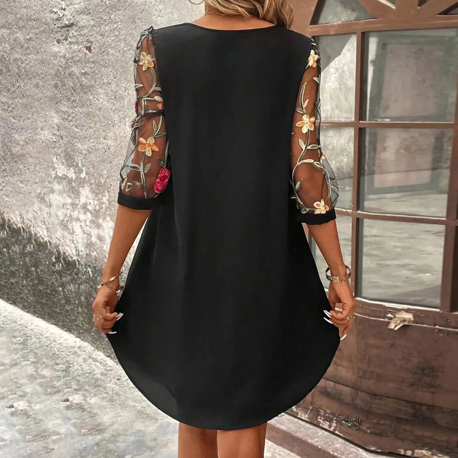 Embroidery Mesh Mini Round Hollow Three Quarter Sleeve Above Knee Casual Flower Dress