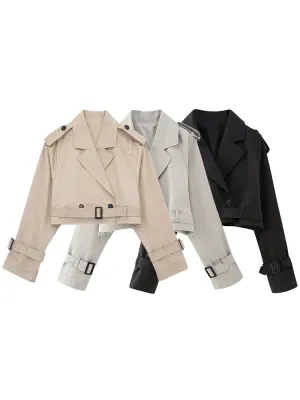 Fashion with Belt Cropped Trench Jacket Notched Neck Long Sleeve Lady Coat Outfits