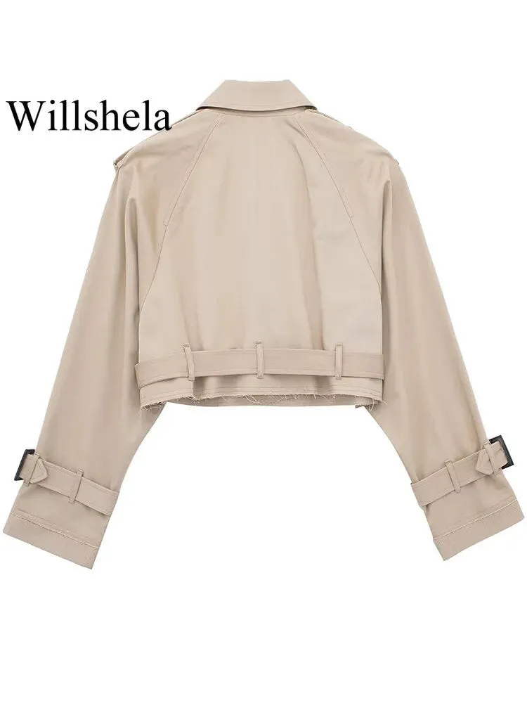 Fashion with Belt Cropped Trench Jacket Notched Neck Long Sleeve Lady Coat Outfits