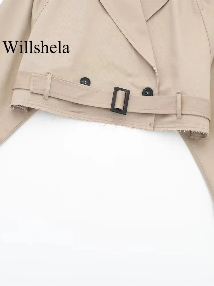 Fashion with Belt Cropped Trench Jacket Notched Neck Long Sleeve Lady Coat Outfits