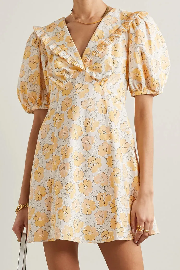 Floral Print Puff Sleeve Ruffle Collared Summer Mini Dress - Yellow