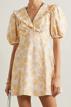 Floral Print Puff Sleeve Ruffle Collared Summer Mini Dress - Yellow