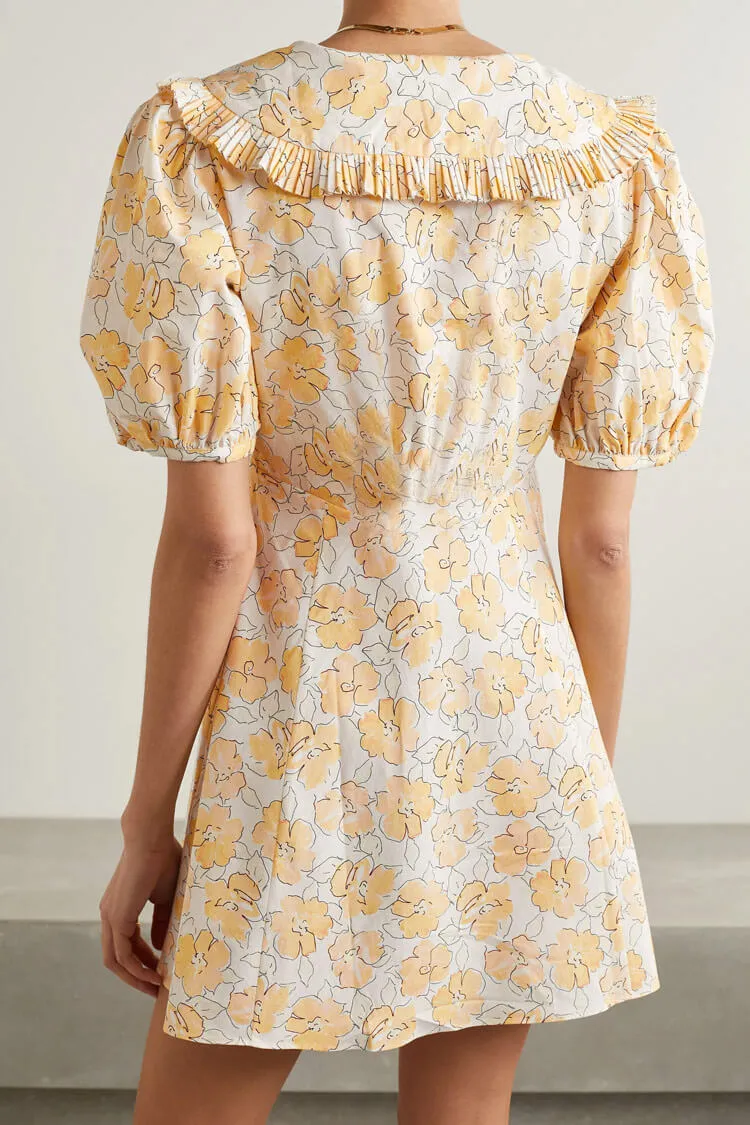 Floral Print Puff Sleeve Ruffle Collared Summer Mini Dress - Yellow