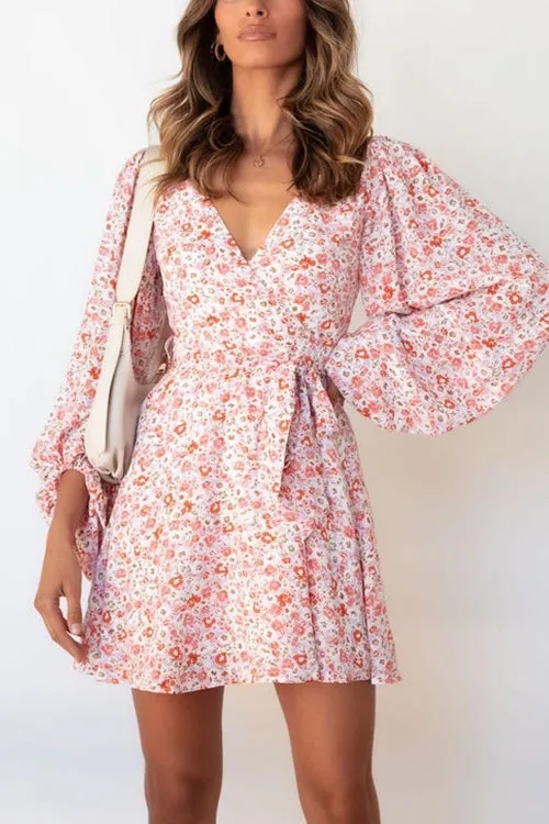 Floral Puff Long Sleeve Mini Wrap Dress