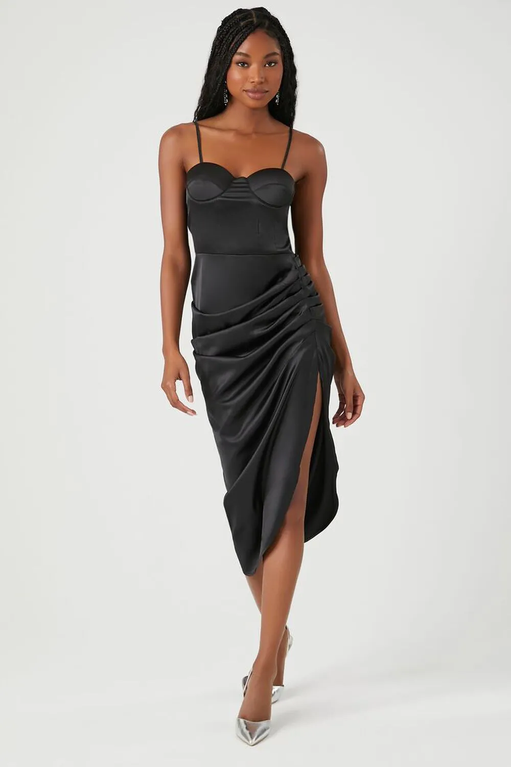 Forever 21 Satin Ruched Midi Bustier Dress, Black