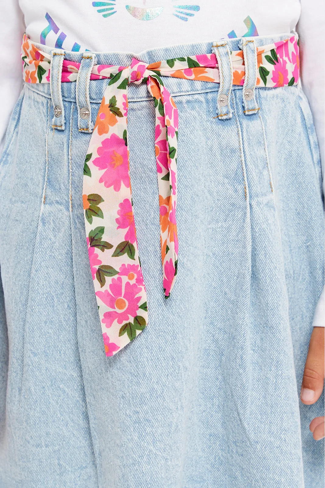 Girls Blue Pleated Denim Skirt With Belt