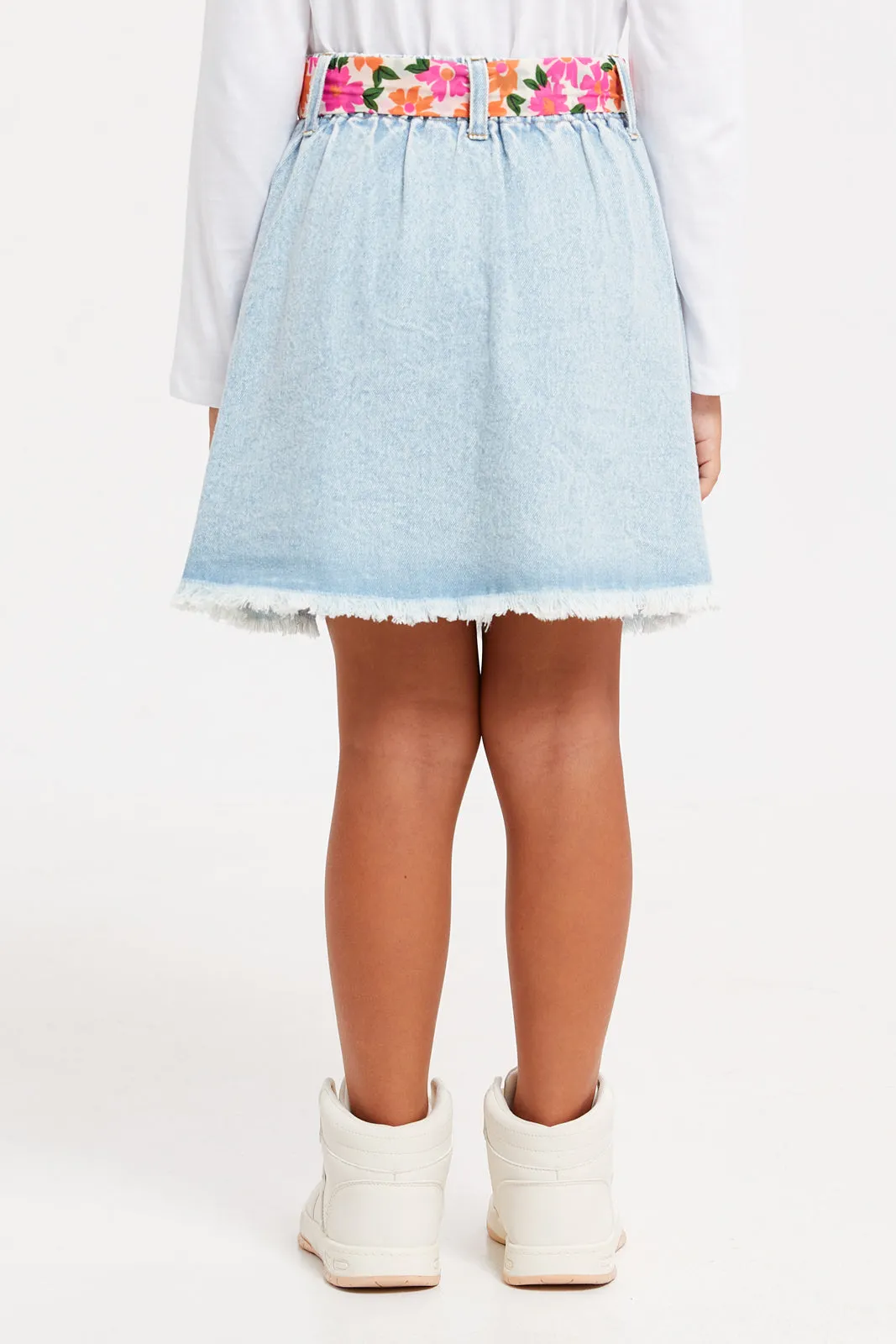 Girls Blue Pleated Denim Skirt With Belt