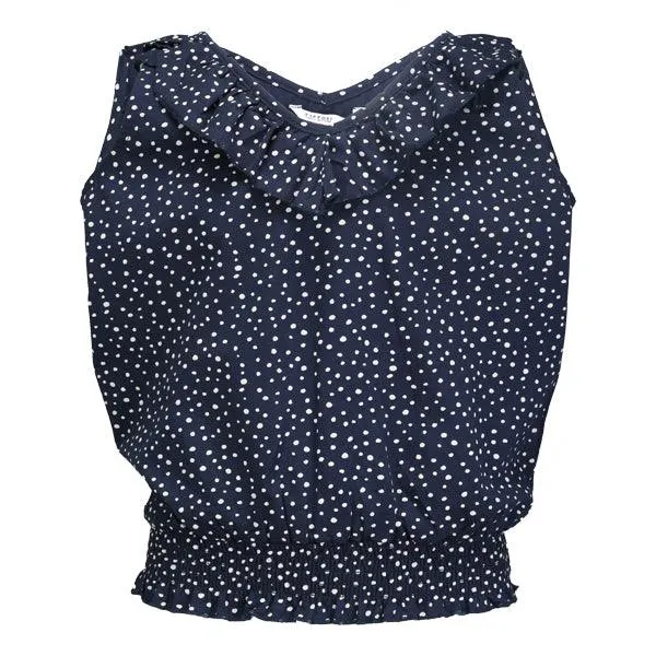 GIRLS NAVY BLUE DOTTED V-NECK BLOUSE