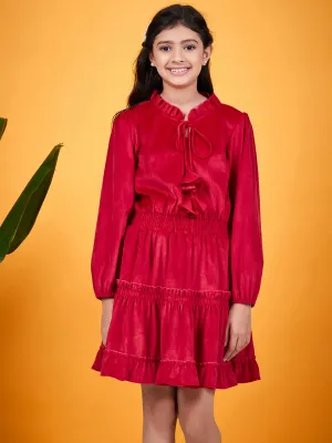 Girls Tie-Up Neck Puff Sleeves Gathered Velvet Fit Flare Dress