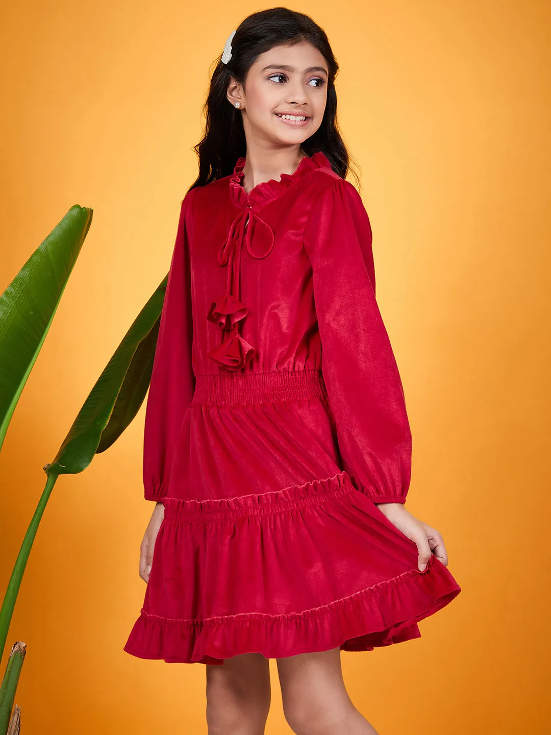 Girls Tie-Up Neck Puff Sleeves Gathered Velvet Fit Flare Dress