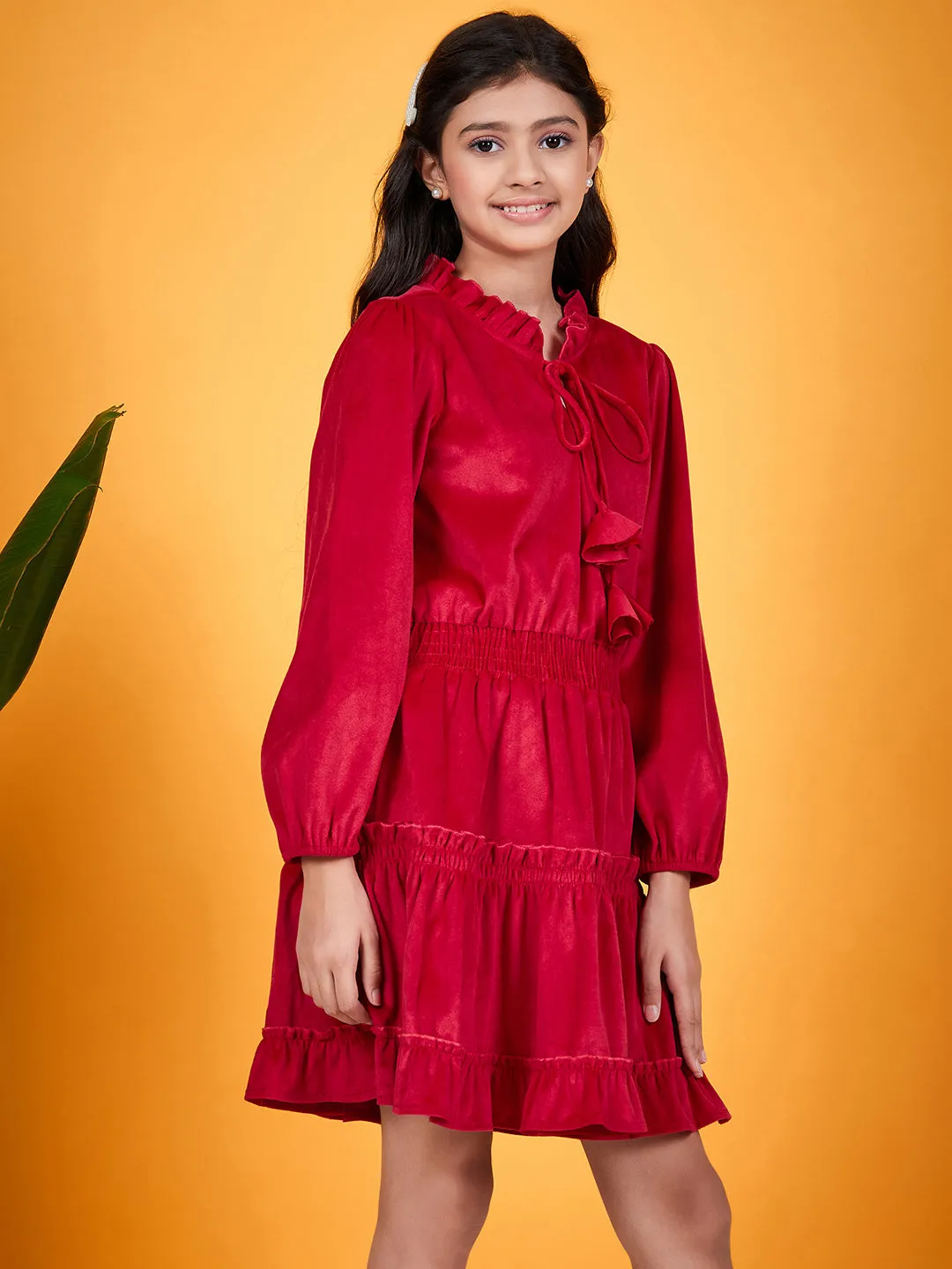 Girls Tie-Up Neck Puff Sleeves Gathered Velvet Fit Flare Dress