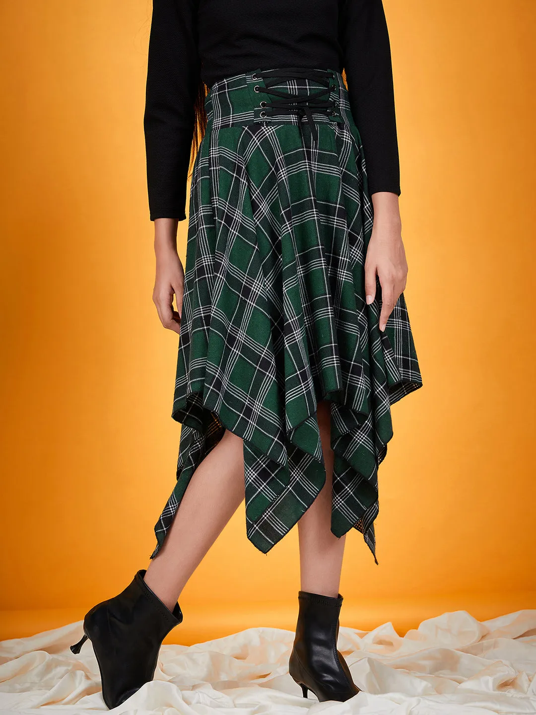 Girls Top With Checked Asymmetric Skirt - Ps Peaches