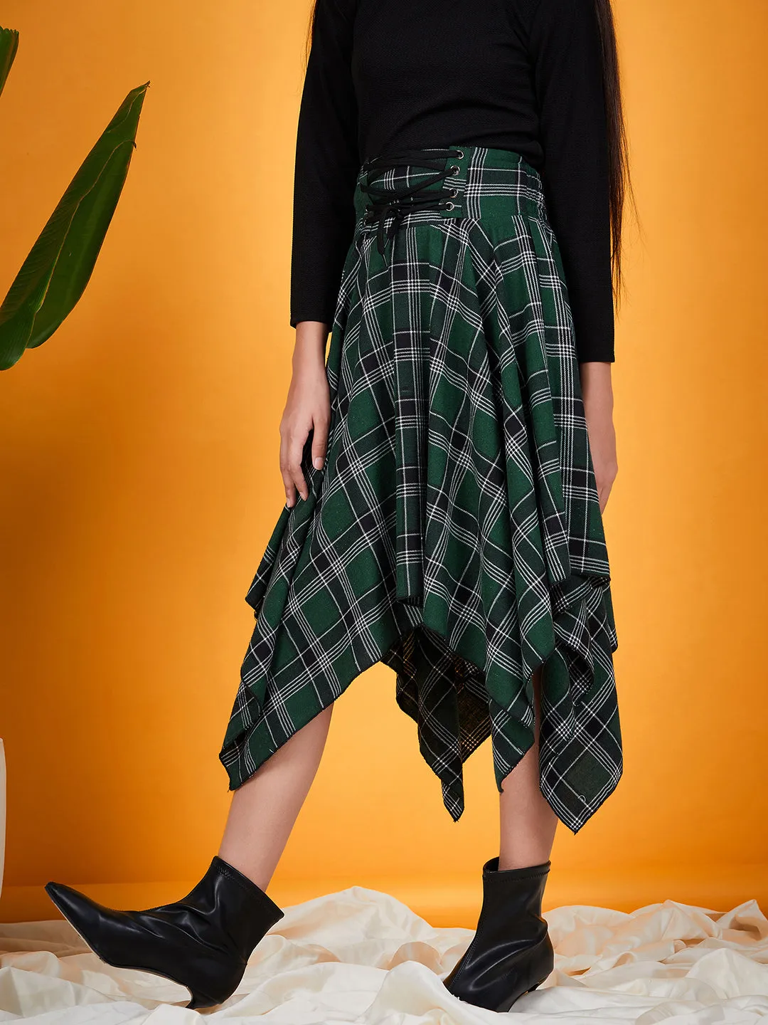 Girls Top With Checked Asymmetric Skirt - Ps Peaches