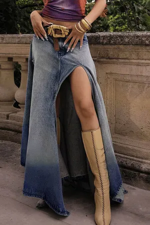 Gradient Low-waisted Irregular High Slit Denim Skirt