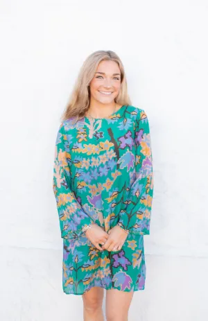 Green Bukhara Long Sleeve Mini Shift