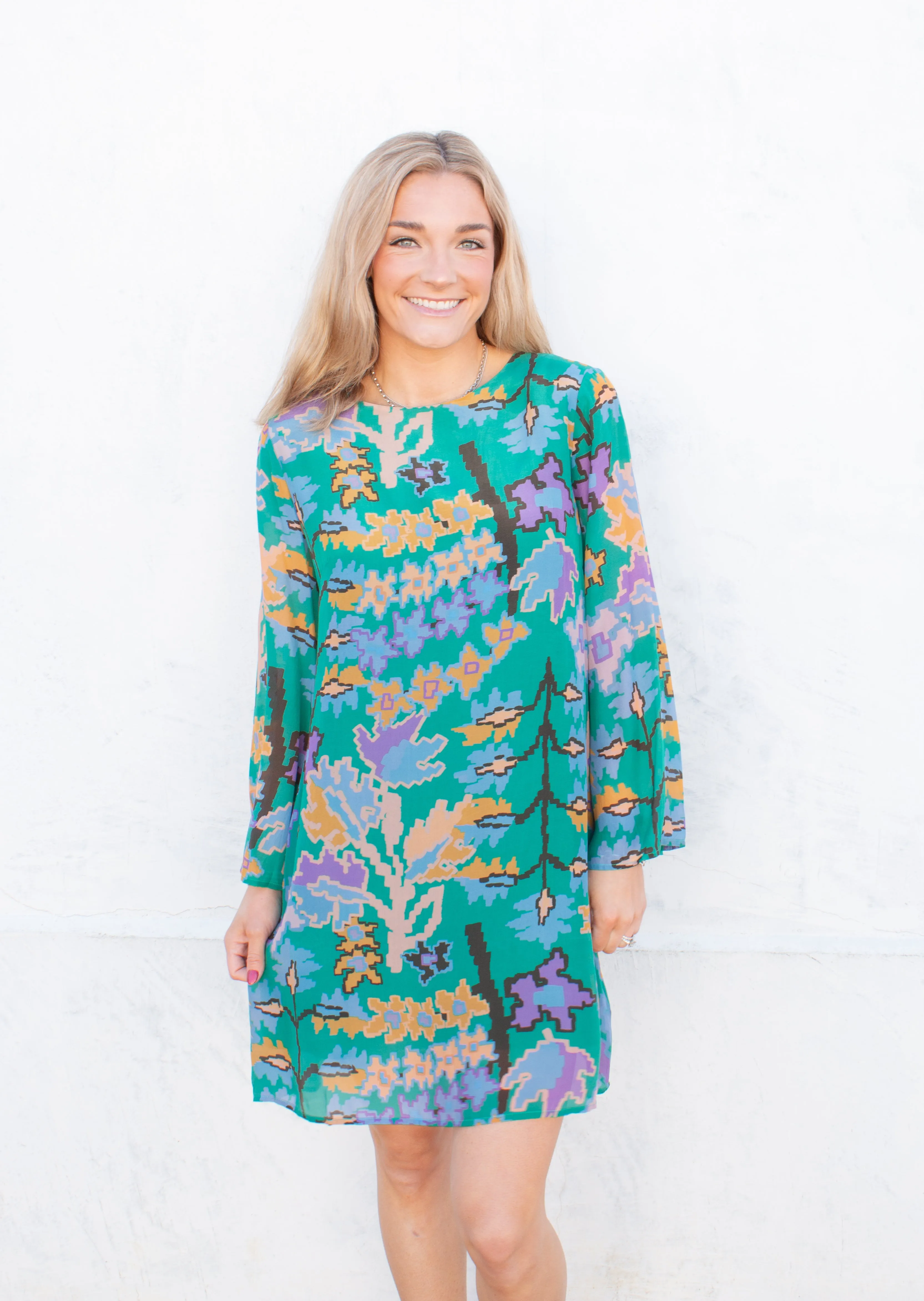 Green Bukhara Long Sleeve Mini Shift