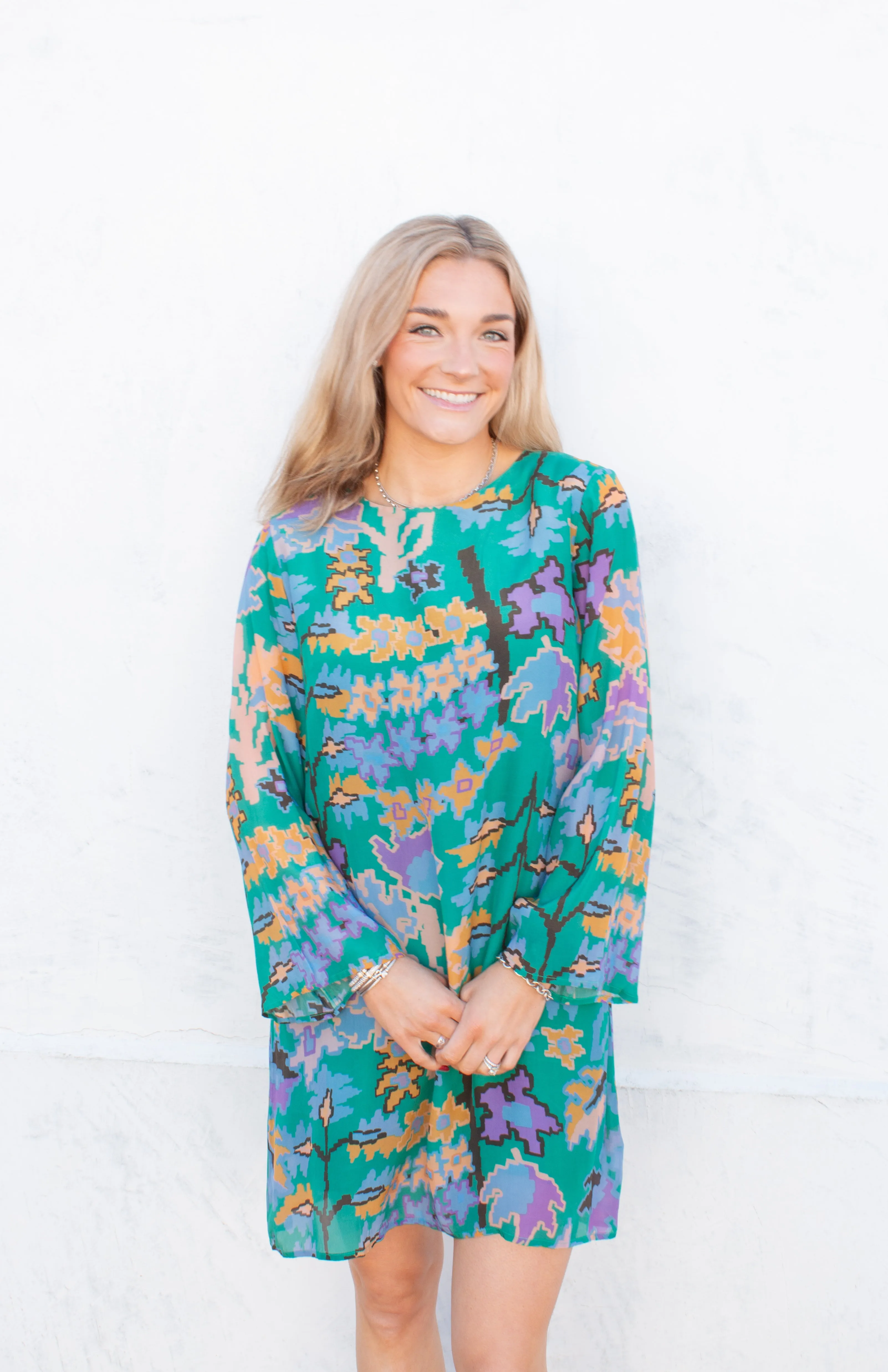 Green Bukhara Long Sleeve Mini Shift