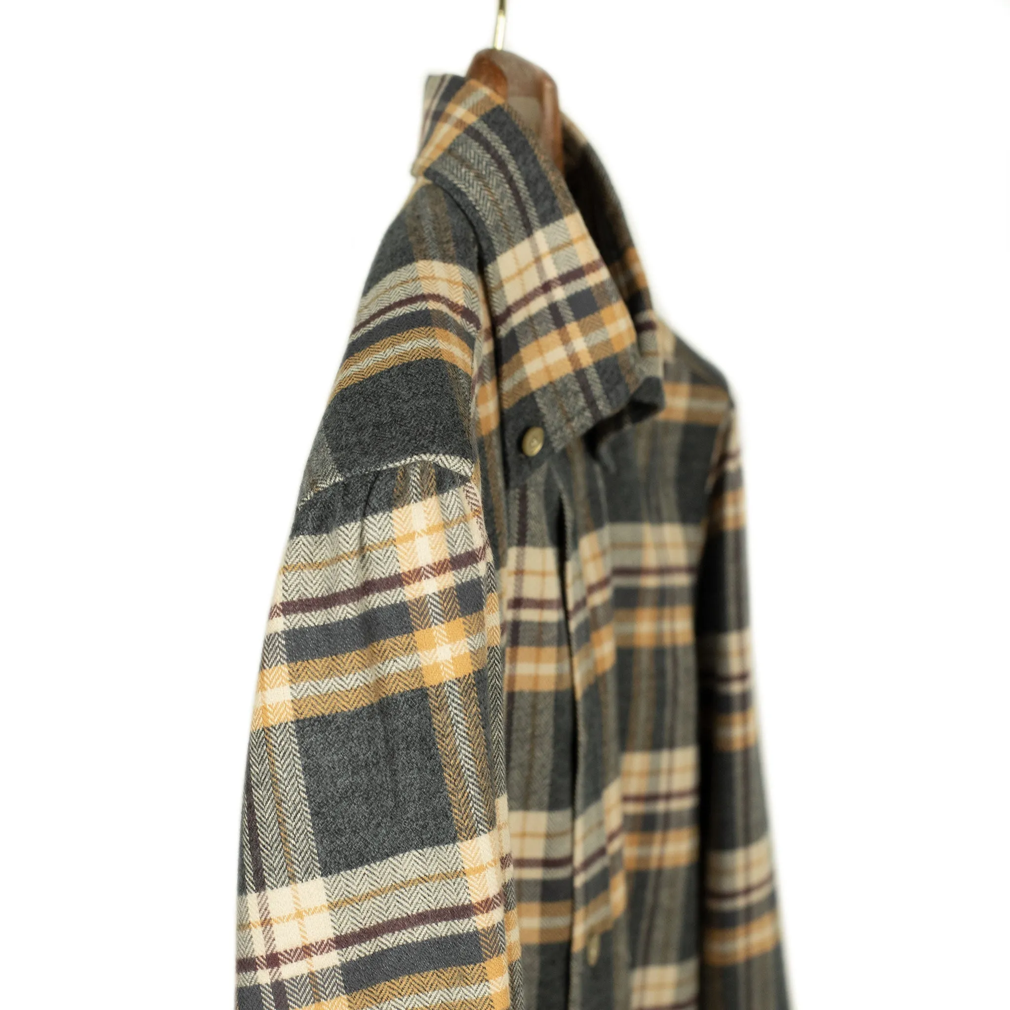 Grey ochre & burgundy plaid cotton flannel shirt, buttoned collar (restock)