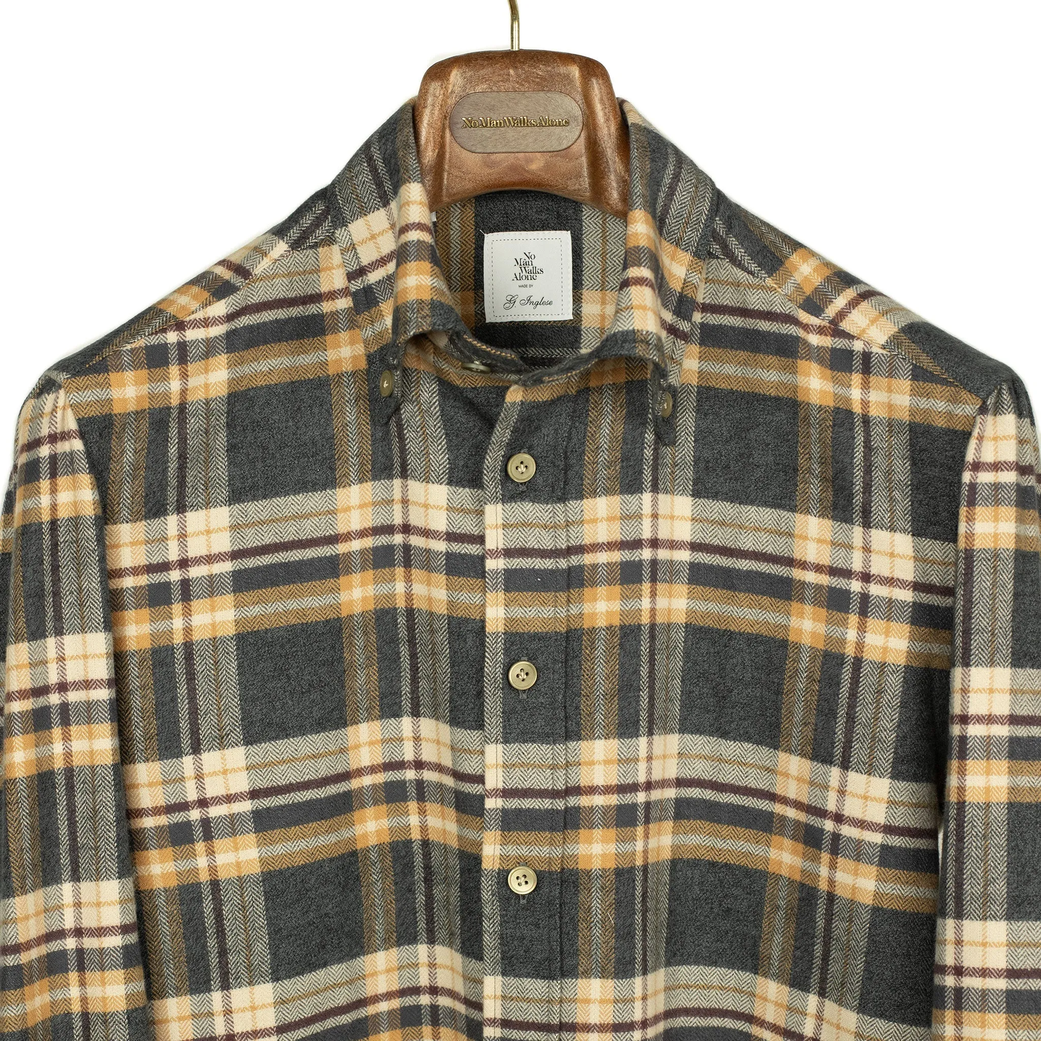 Grey ochre & burgundy plaid cotton flannel shirt, buttoned collar (restock)