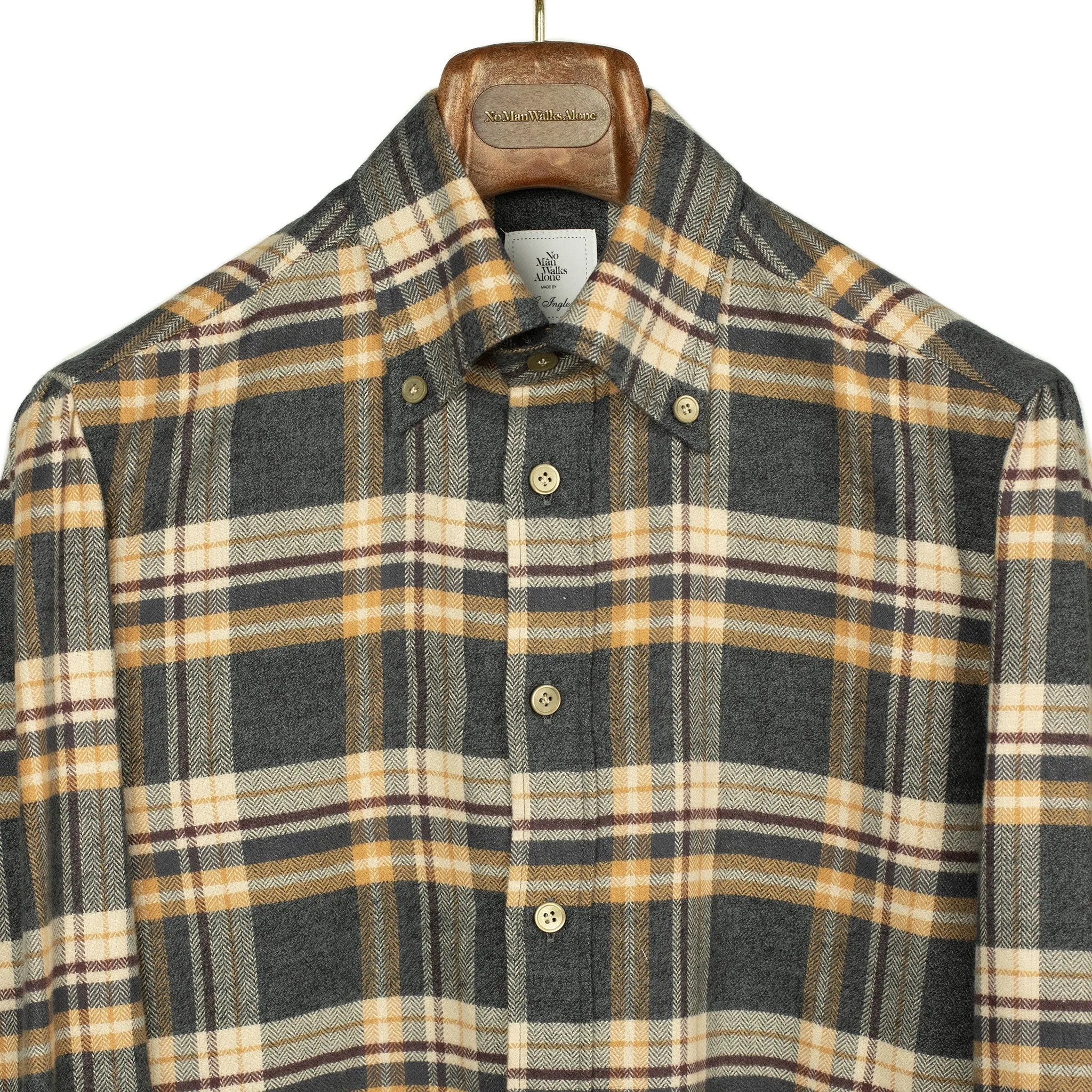 Grey ochre & burgundy plaid cotton flannel shirt, buttoned collar (restock)