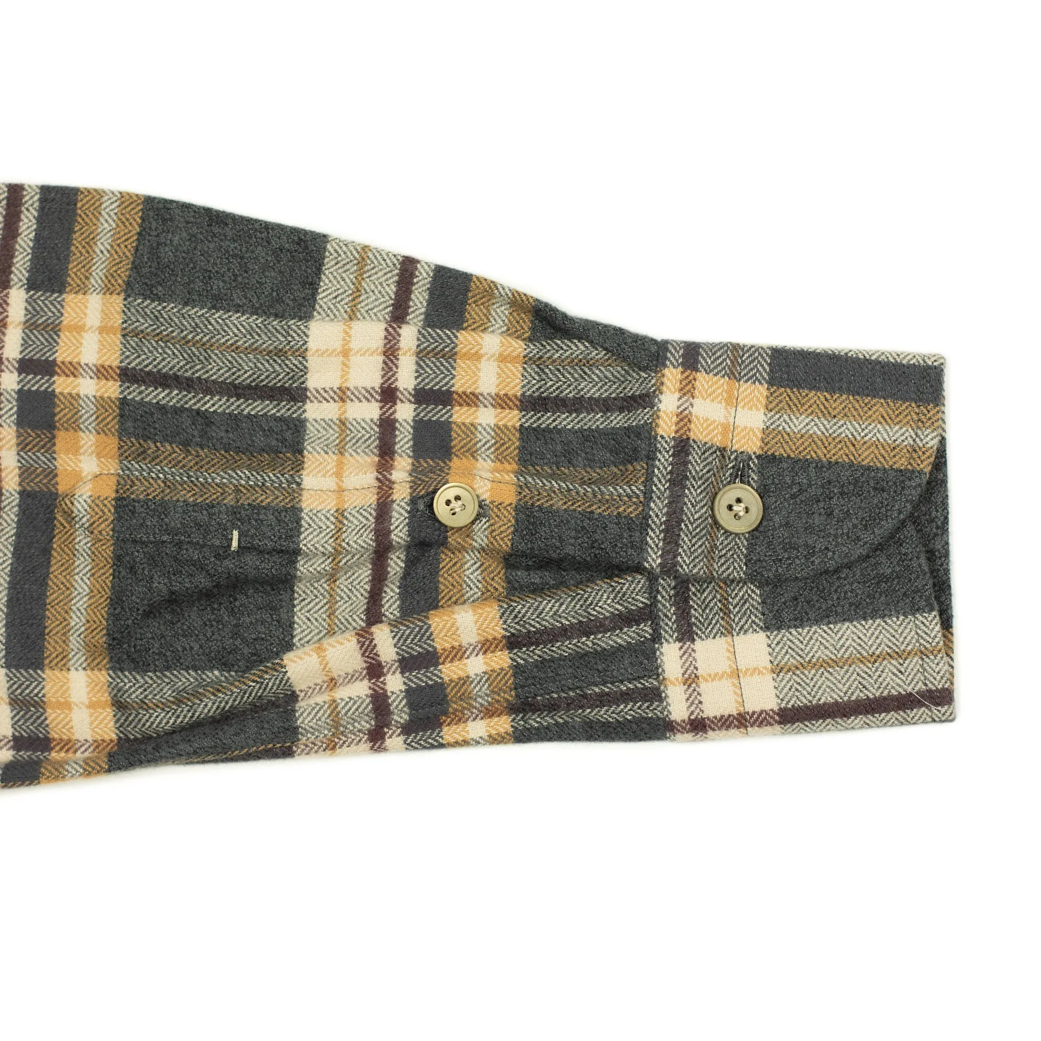 Grey ochre & burgundy plaid cotton flannel shirt, buttoned collar (restock)