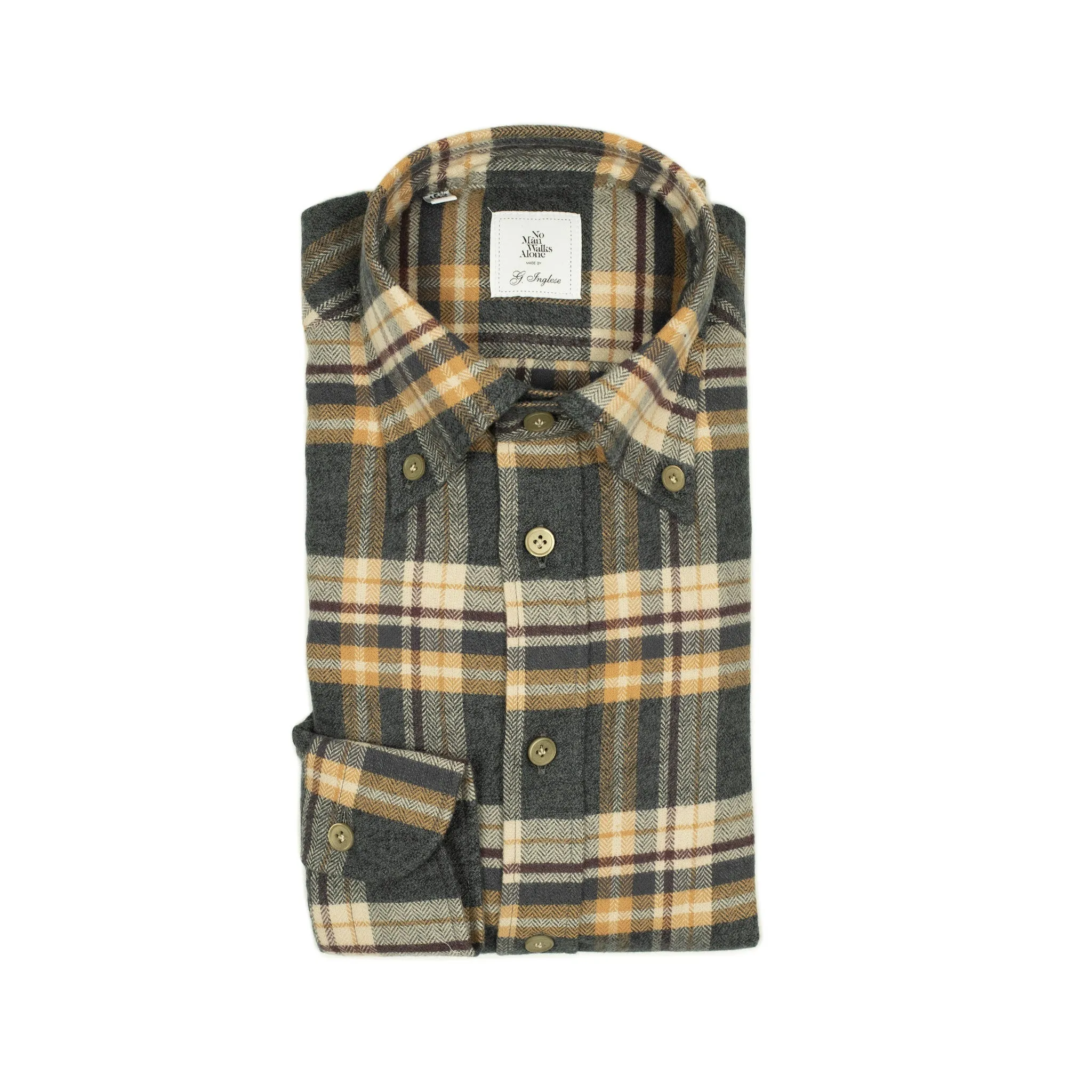 Grey ochre & burgundy plaid cotton flannel shirt, buttoned collar (restock)