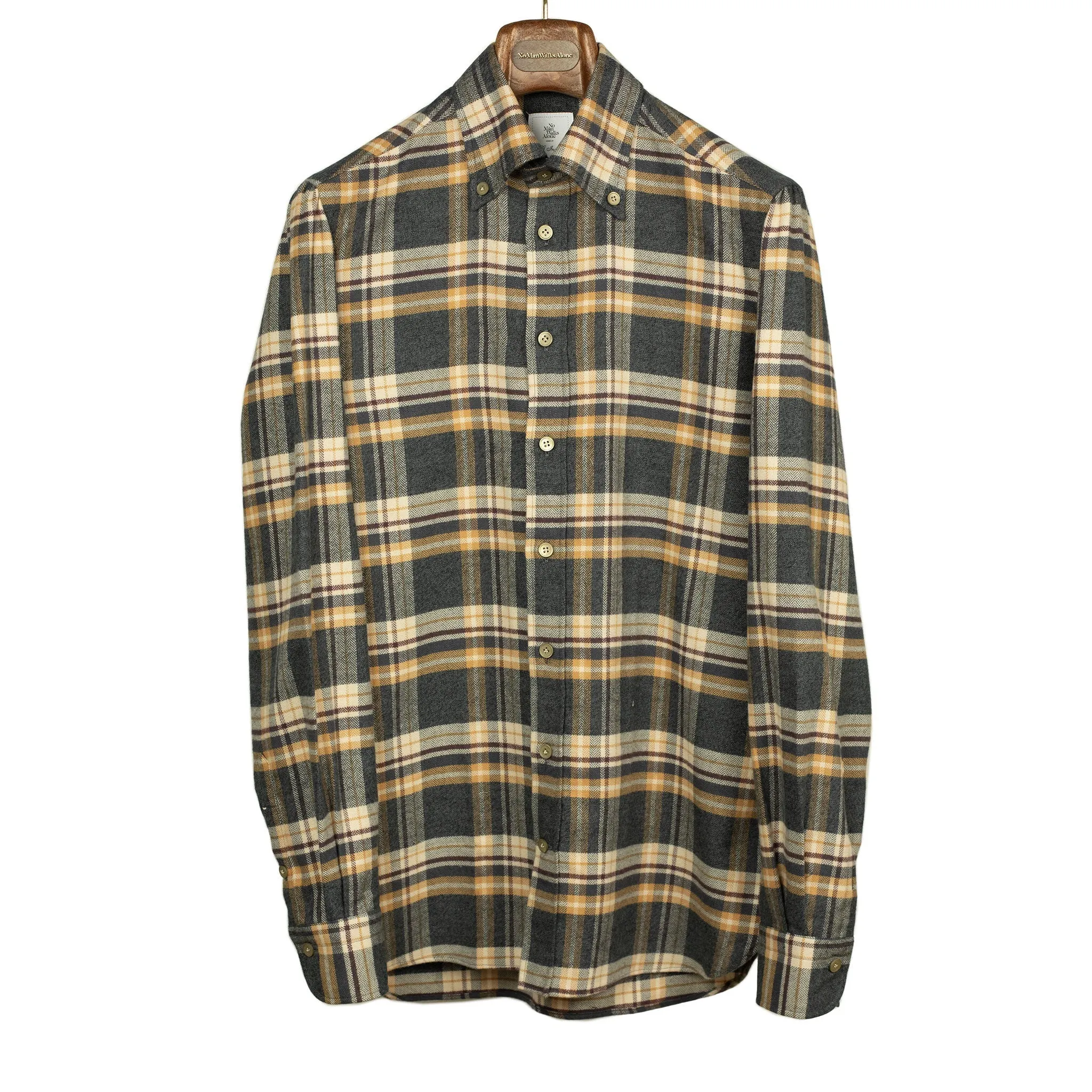 Grey ochre & burgundy plaid cotton flannel shirt, buttoned collar (restock)