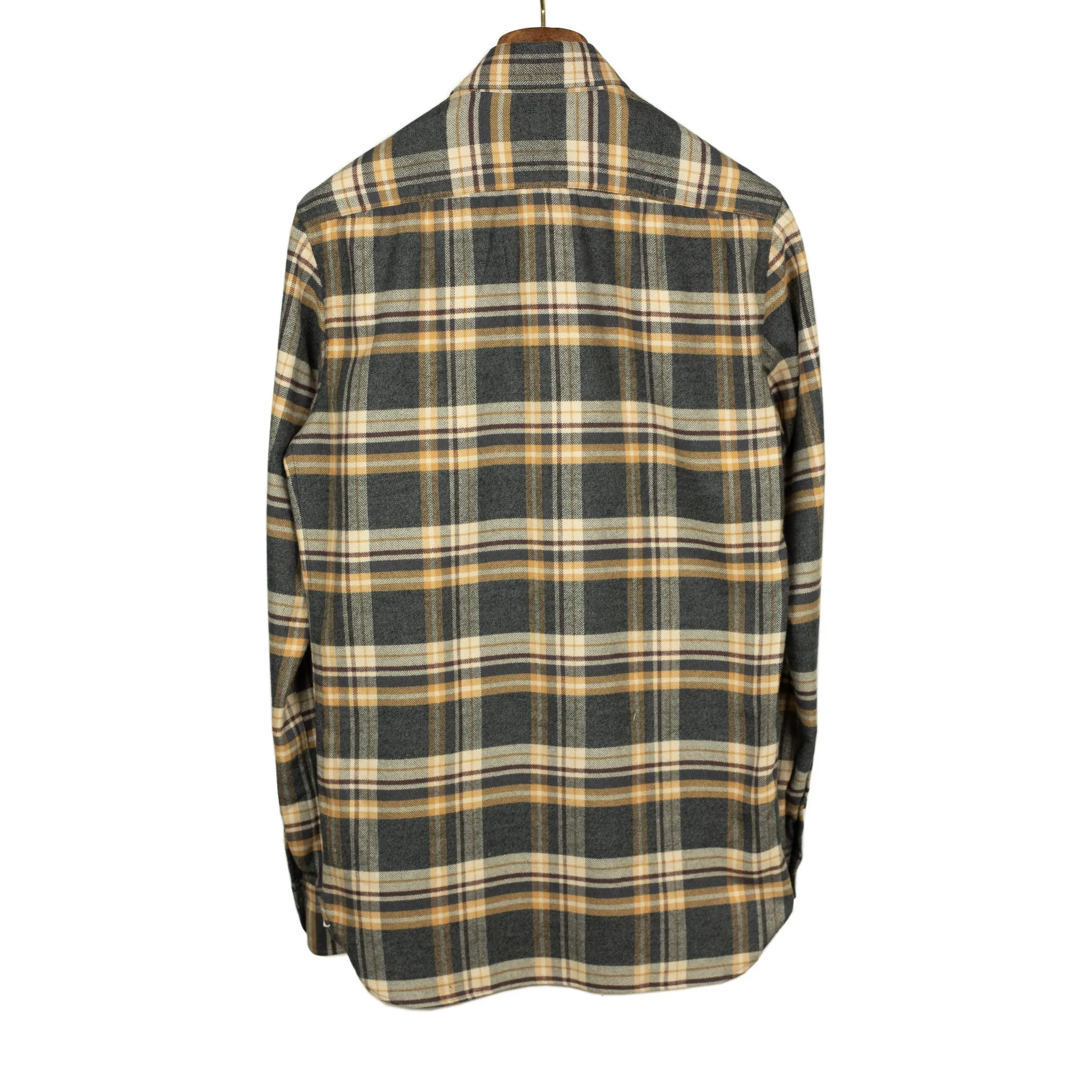 Grey ochre & burgundy plaid cotton flannel shirt, buttoned collar (restock)