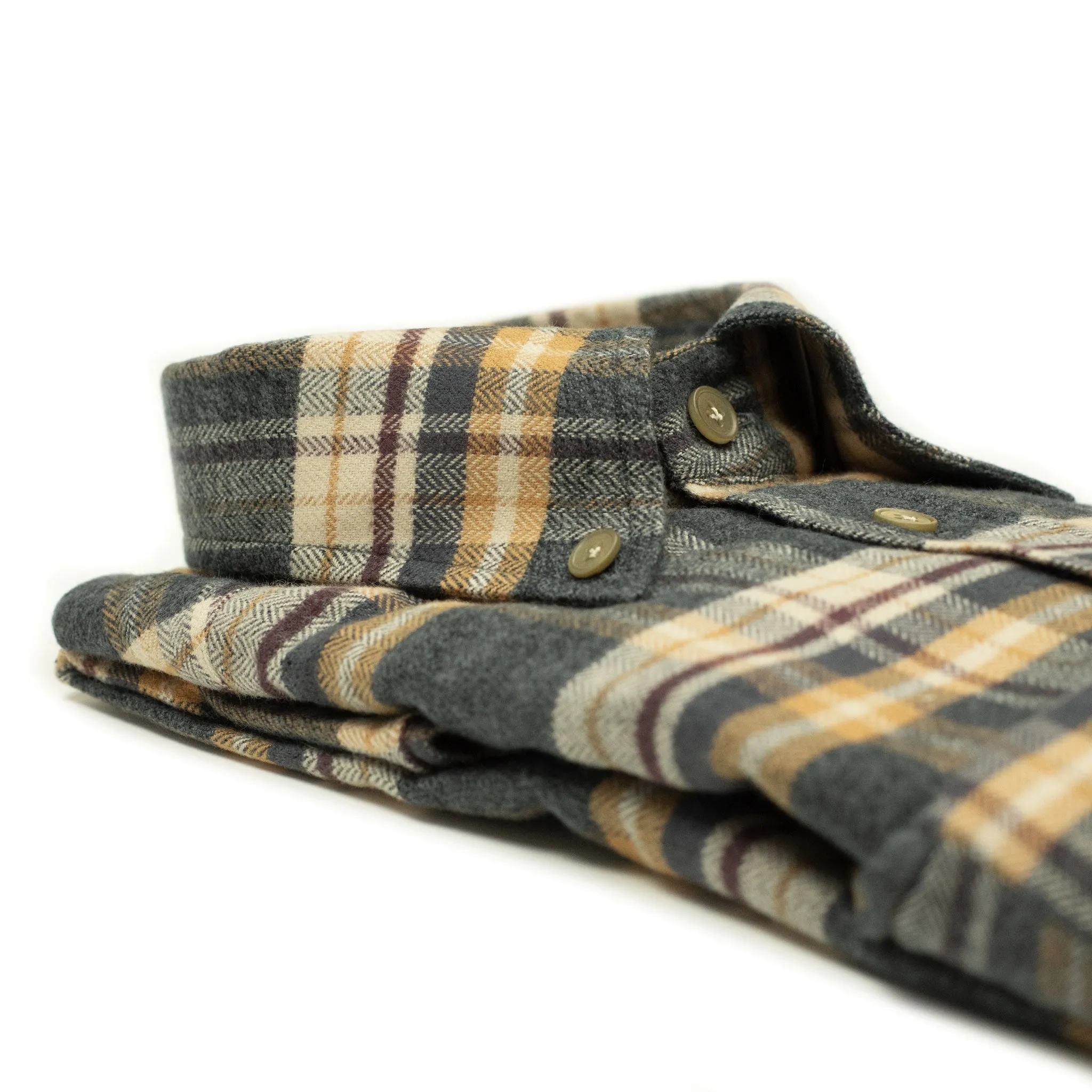 Grey ochre & burgundy plaid cotton flannel shirt, buttoned collar (restock)