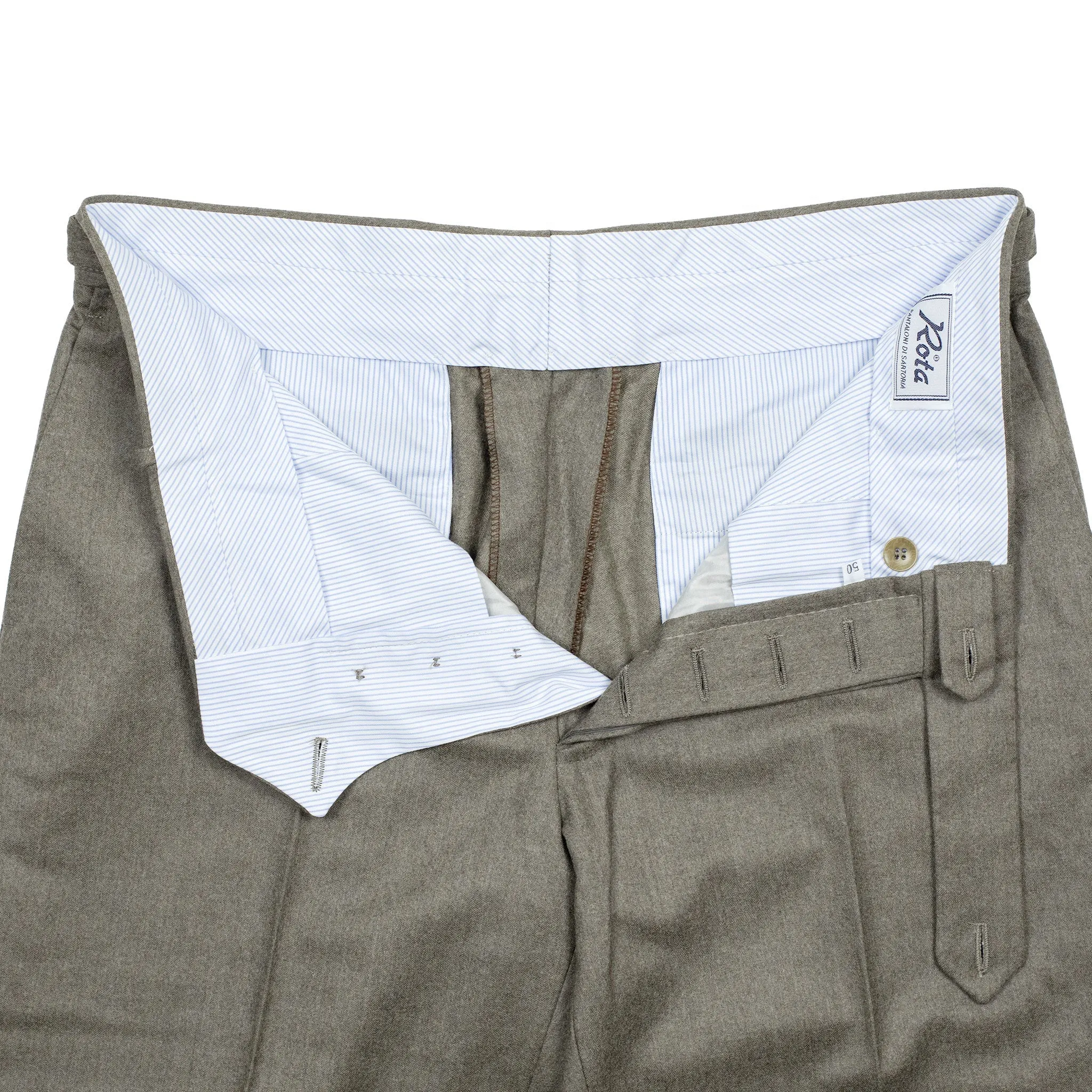 Higher-rise light brown wool worsted flannel trousers