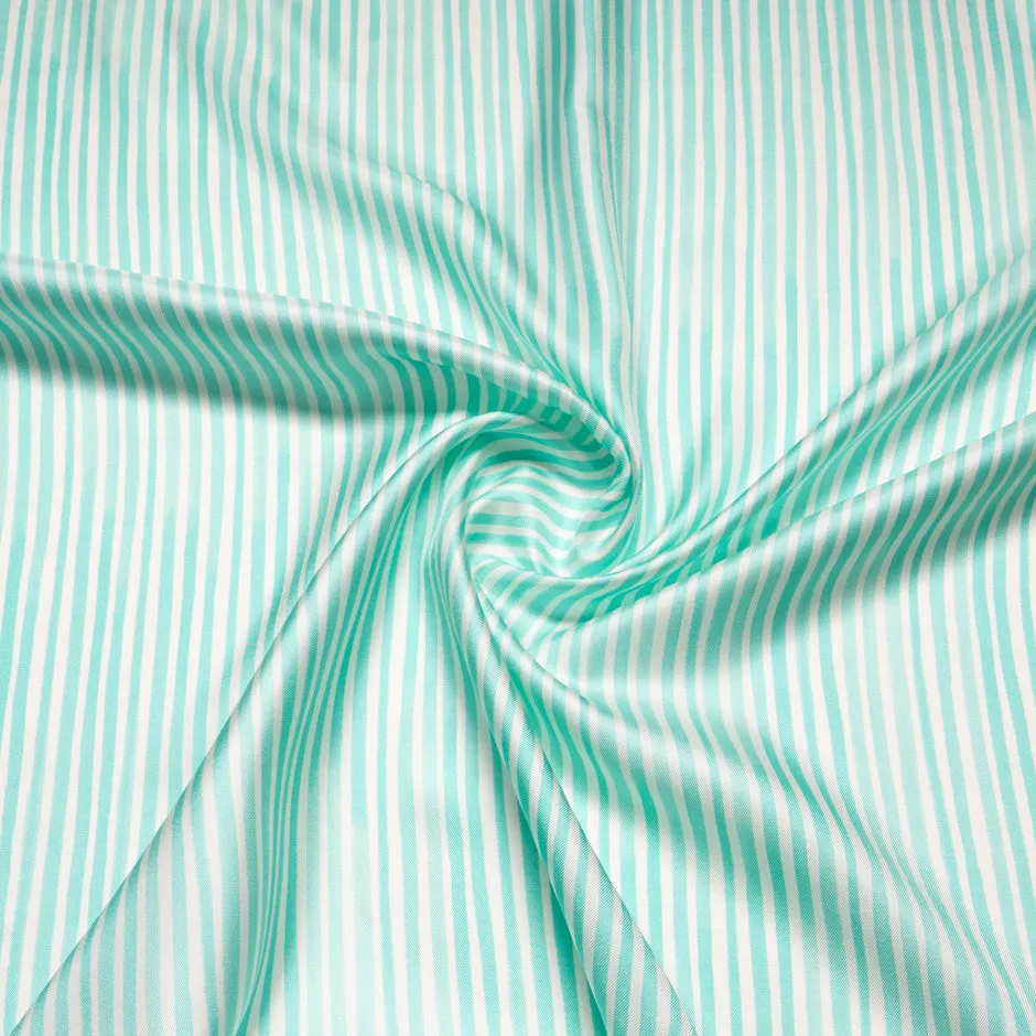 Ice Blue & White Striped Pure Silk Twill