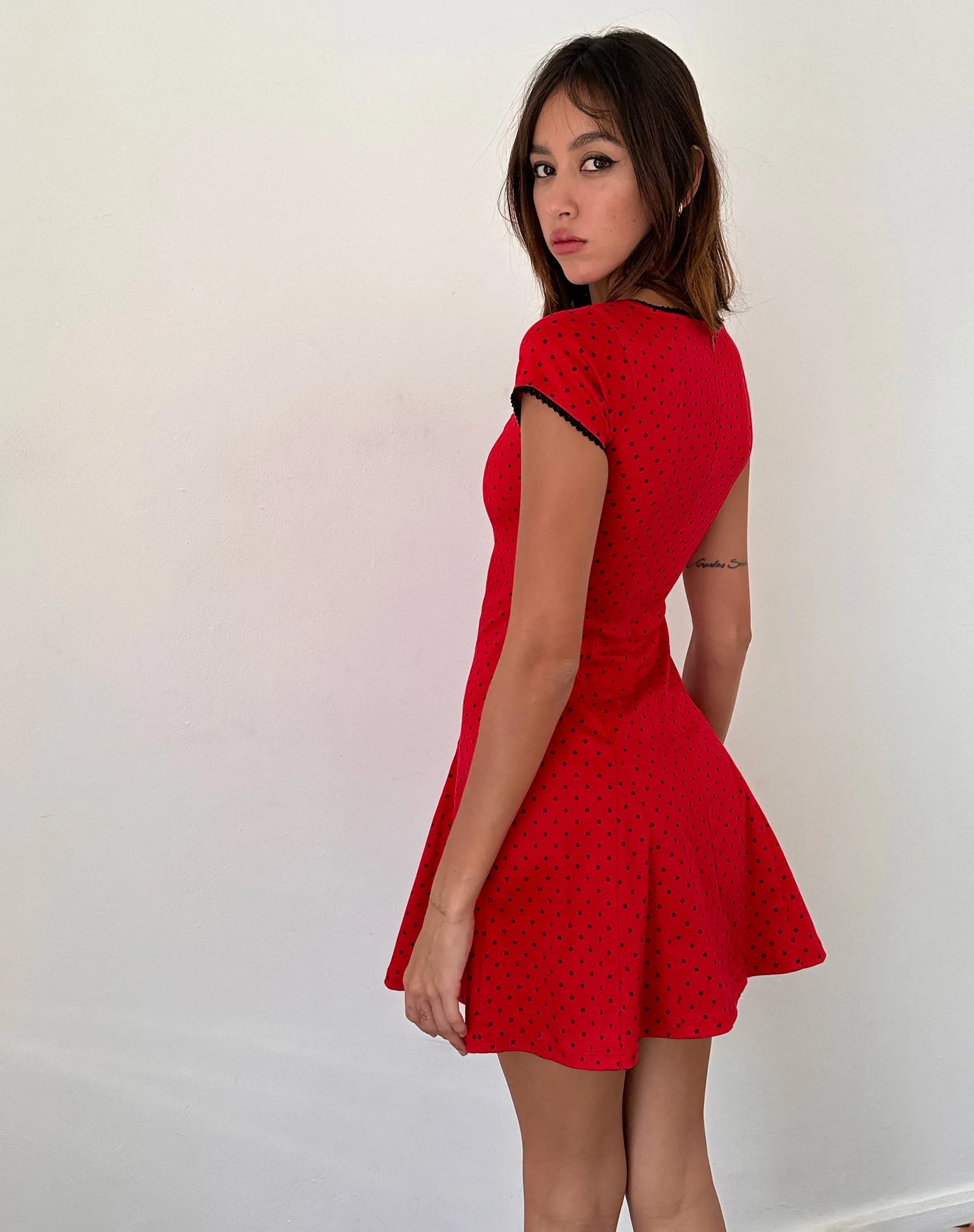 Jinae Pleat Detail Mini Dress in Red Polka Sateen