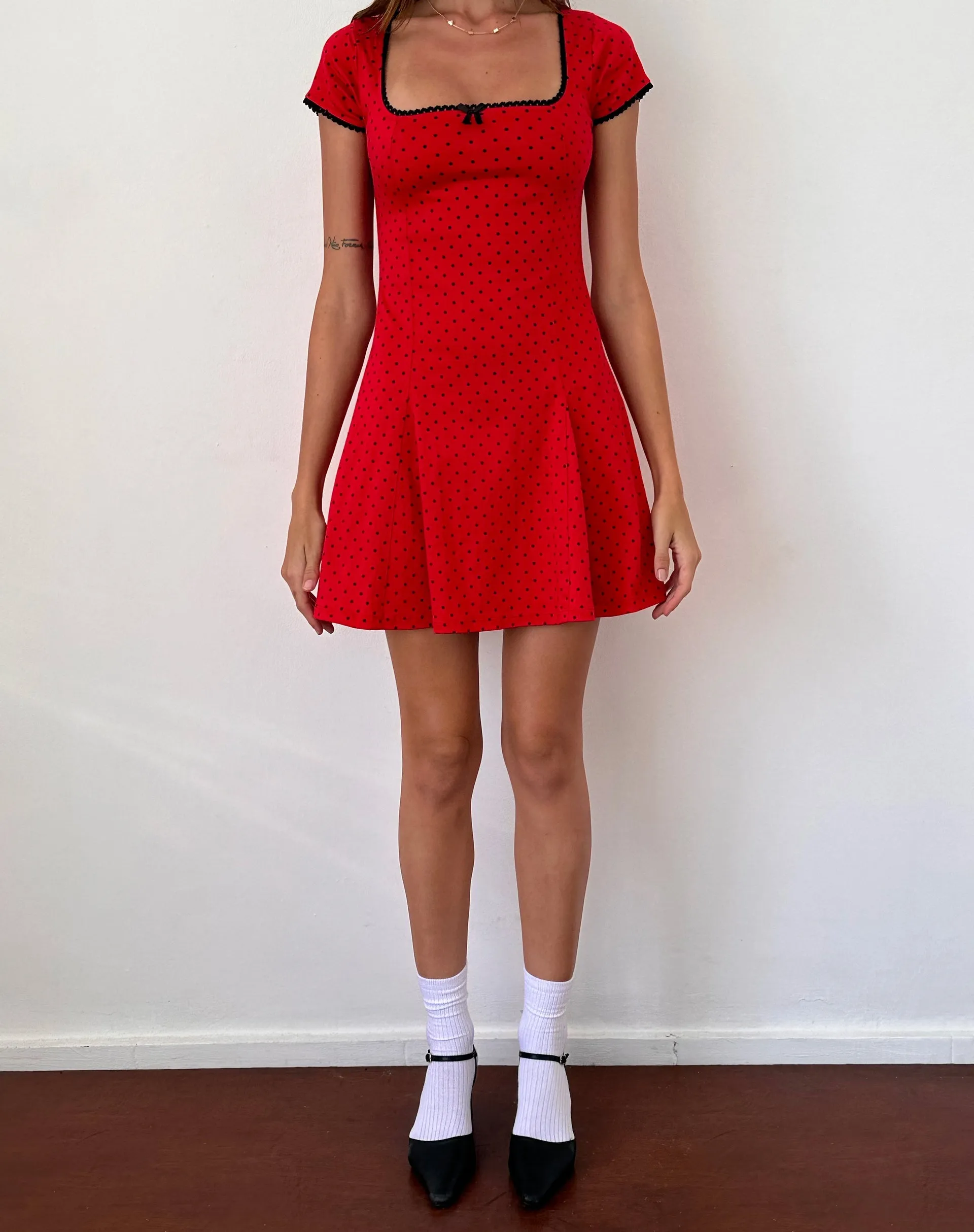 Jinae Pleat Detail Mini Dress in Red Polka Sateen