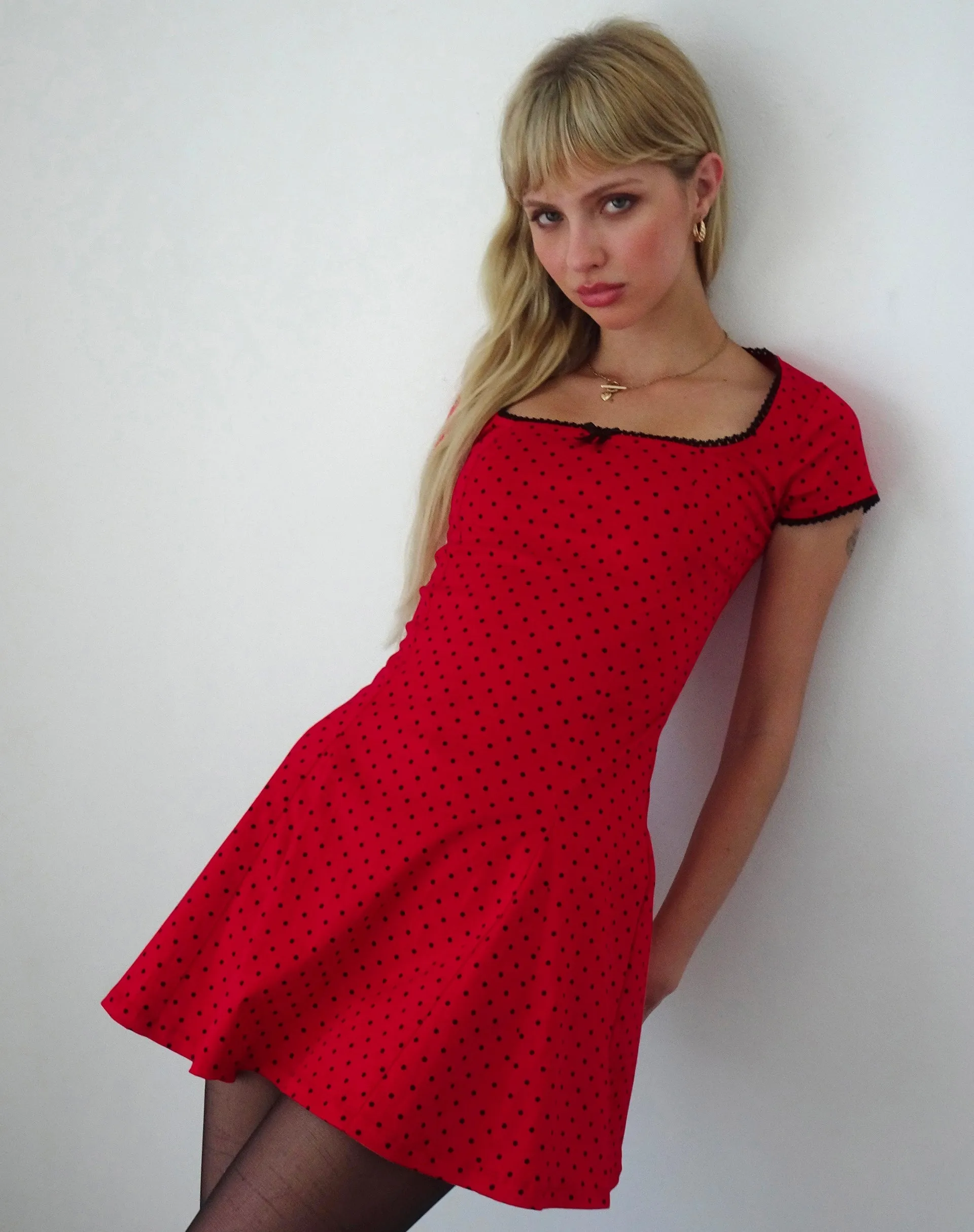 Jinae Pleat Detail Mini Dress in Red Polka Sateen