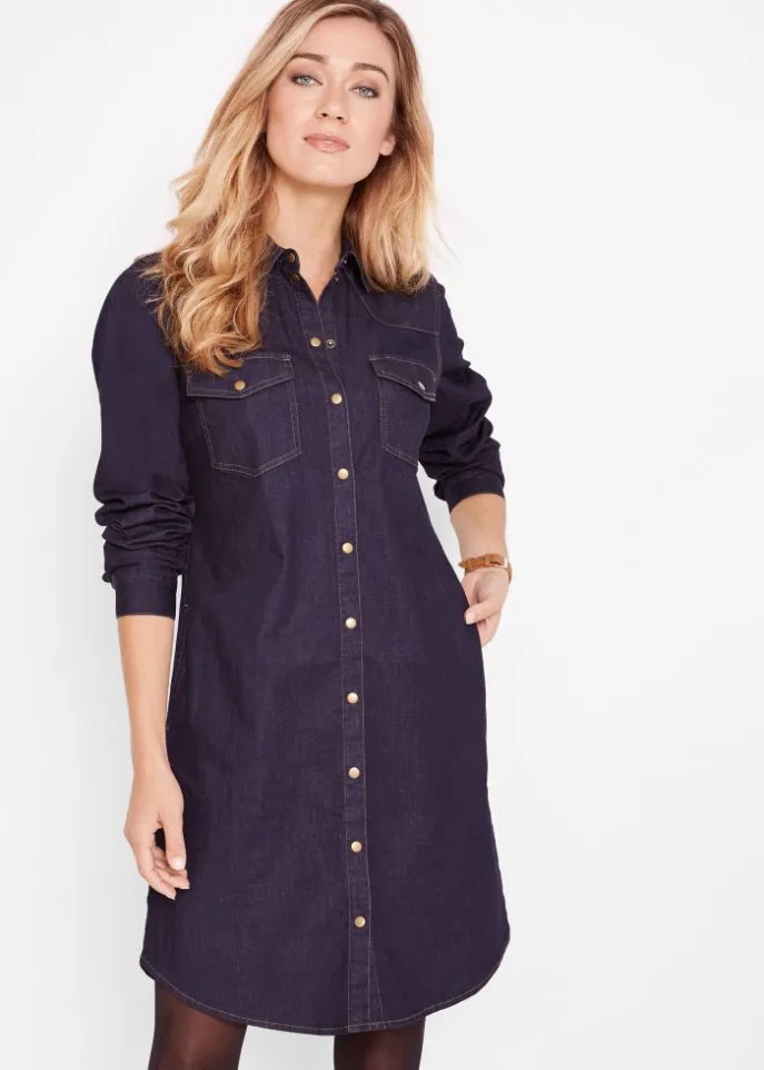 John Baner Jeanswear Elastic Long Sleeve Denim Dress, Blue