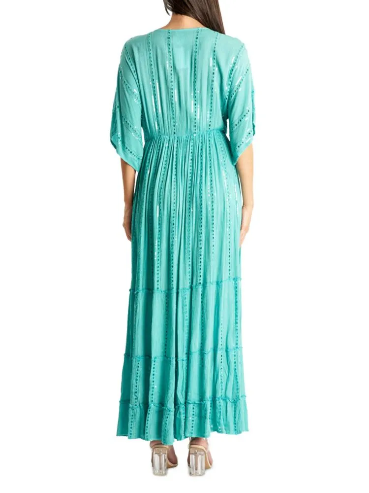 La Moda Clothing Tiered Eyelet Maxi Dress, Turquoise